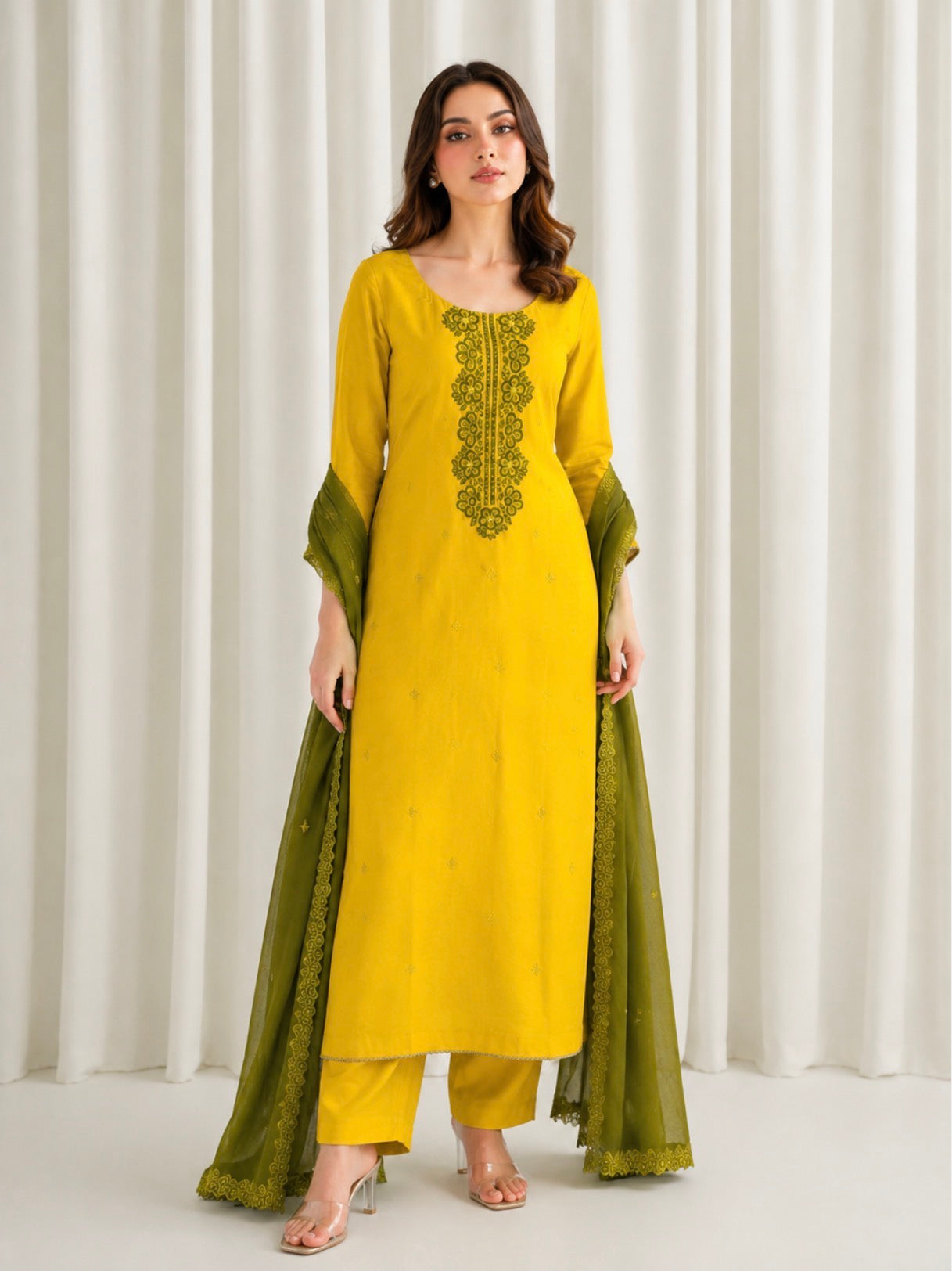 Olive Mustard Cotton Silk Kadai Work Suit Set