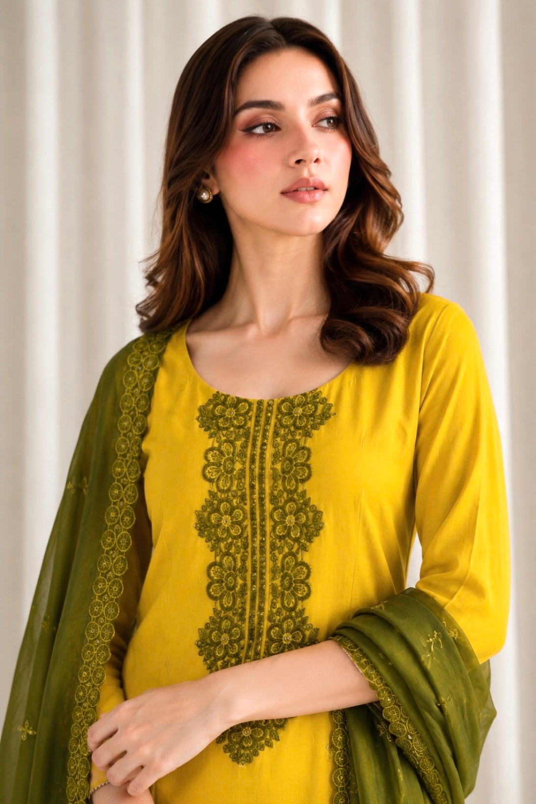 Olive Mustard Cotton Silk Kadai Work Suit Set