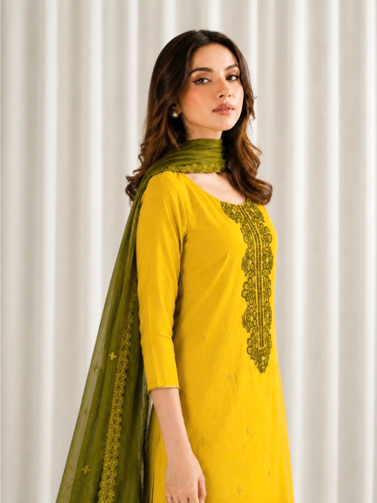 Olive Mustard Cotton Silk Kadai Work Suit Set