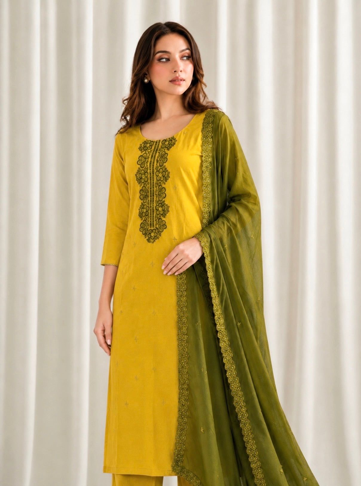 Olive Mustard Cotton Silk Kadai Work Suit Set