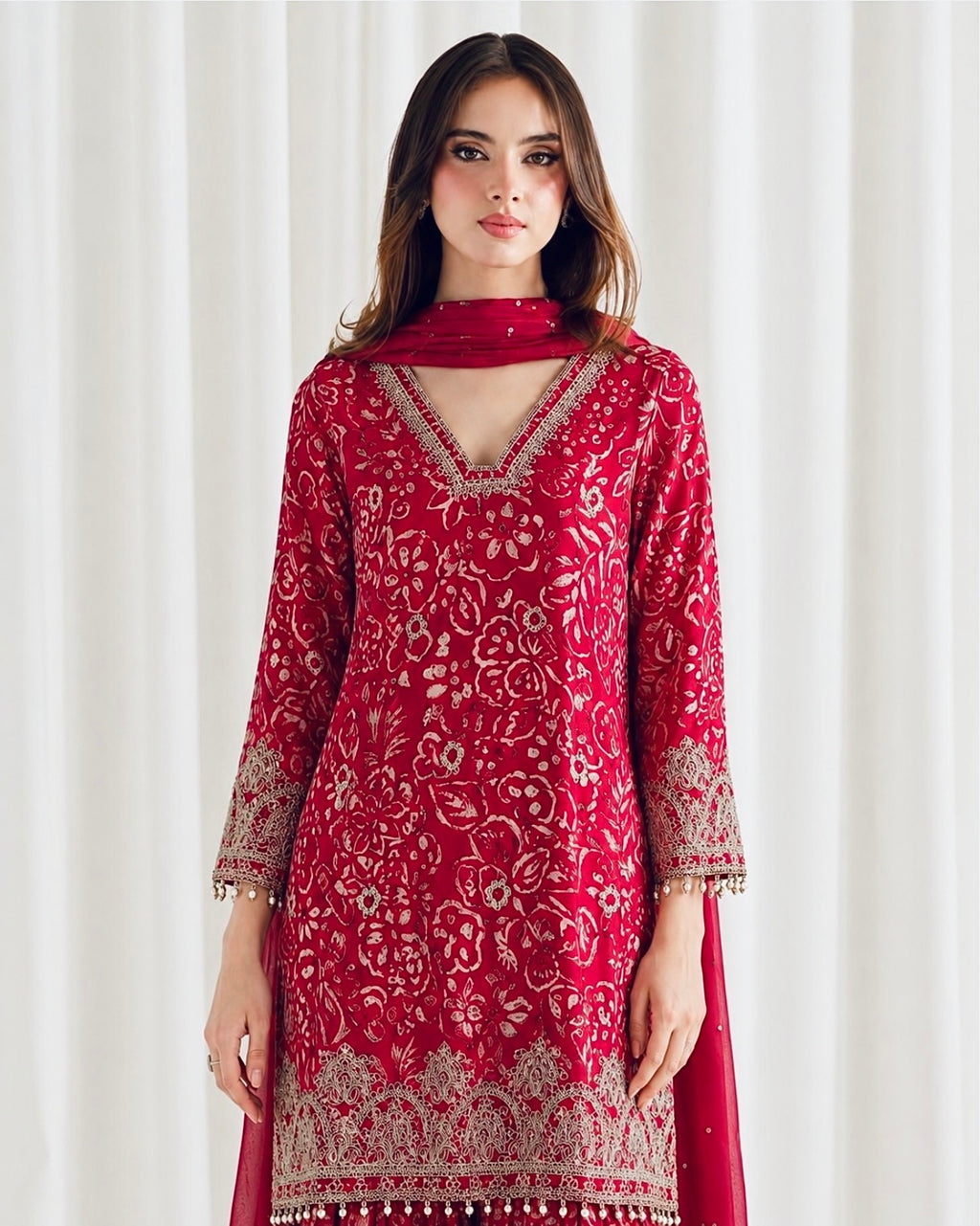Red Chinon Batik Printed Suit with Wide-Flare Palazzo & Embellished Dupatta