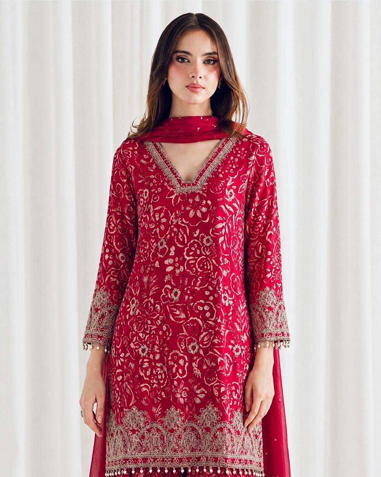 Red Chinon Batik Printed Suit with Wide-Flare Palazzo & Embellished Dupatta