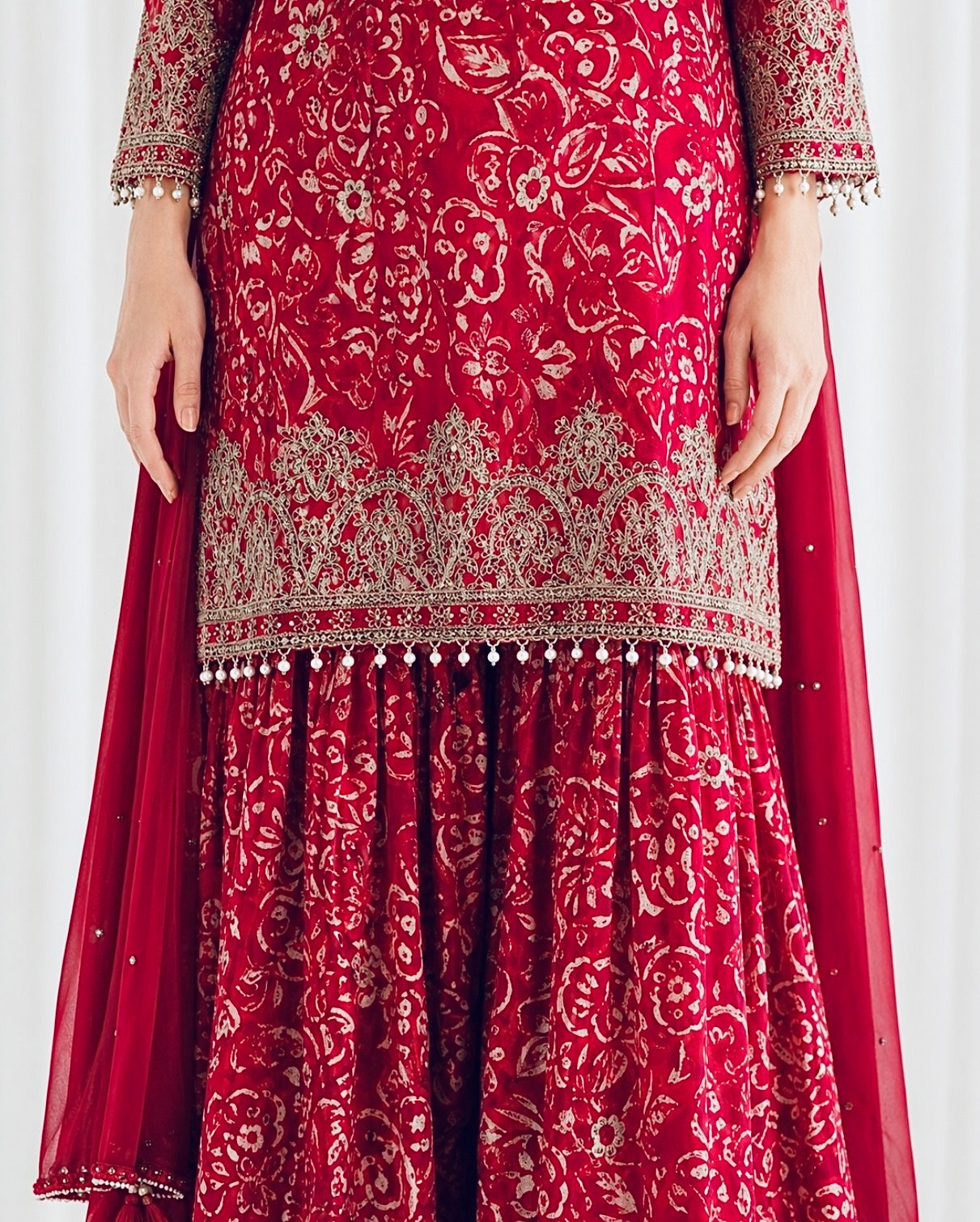 Red Chinon Batik Printed Suit with Wide-Flare Palazzo & Embellished Dupatta