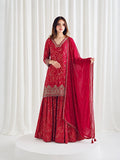 Red Chinon Batik Printed Suit with Wide-Flare Palazzo & Embellished Dupatta
