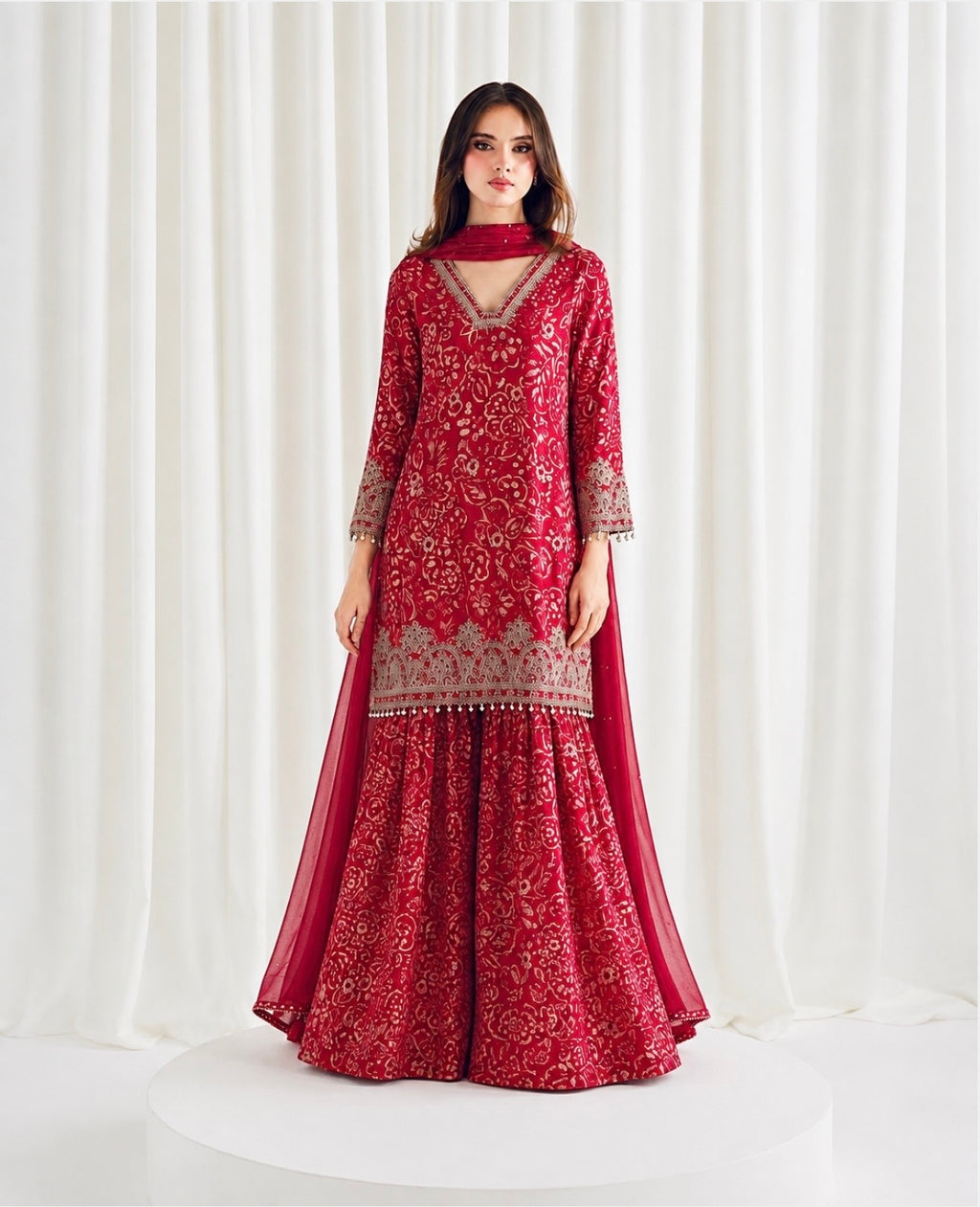 Red Chinon Batik Printed Suit with Wide-Flare Palazzo & Embellished Dupatta