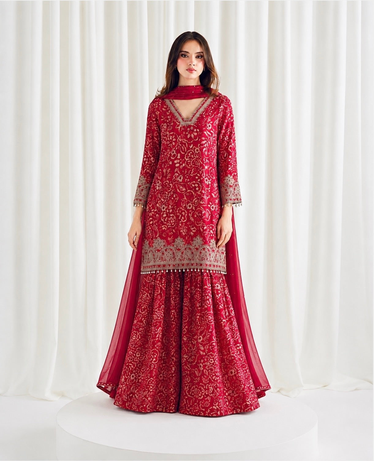 Red Chinon Batik Printed Suit with Wide-Flare Palazzo & Embellished Dupatta