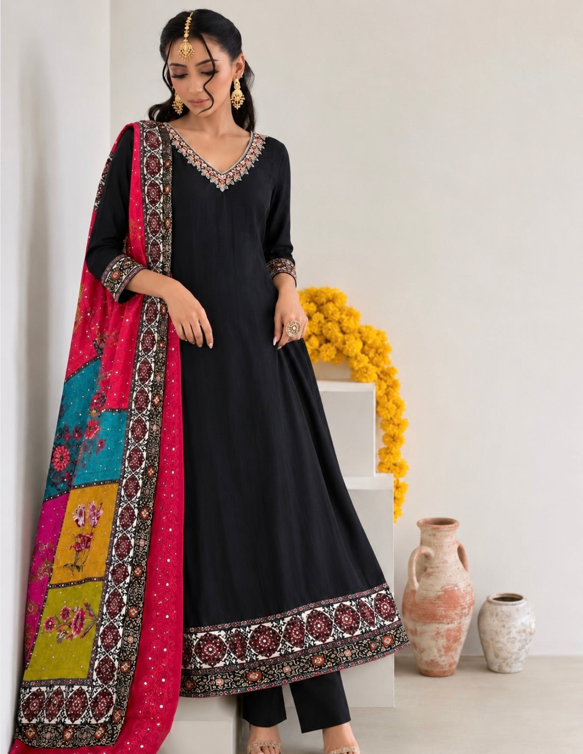 Black Crepe Silk Anarkali Suit with Multicoloured Printed Dupatta