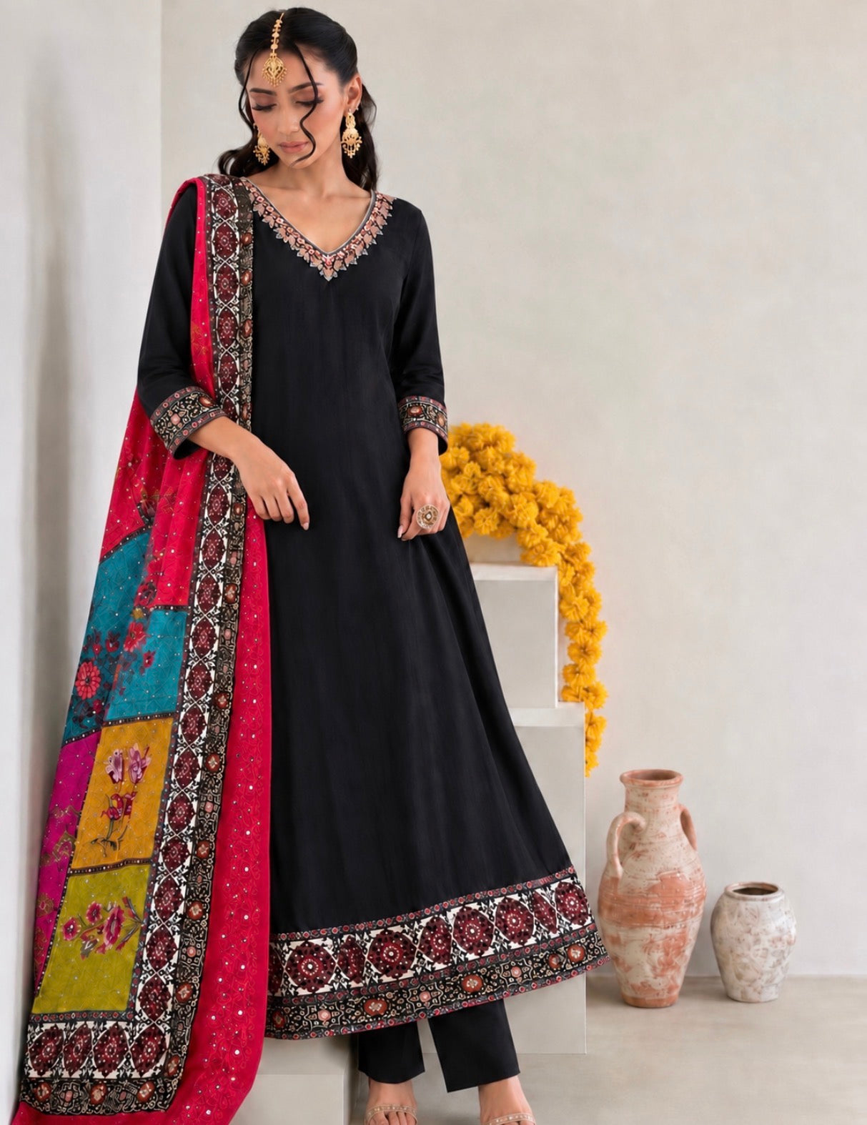 Black Crepe Silk Anarkali Suit with Multicoloured Printed Dupatta