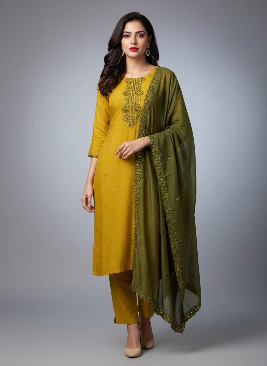 Olive Mustard Cotton Silk Kadai Work Suit Set