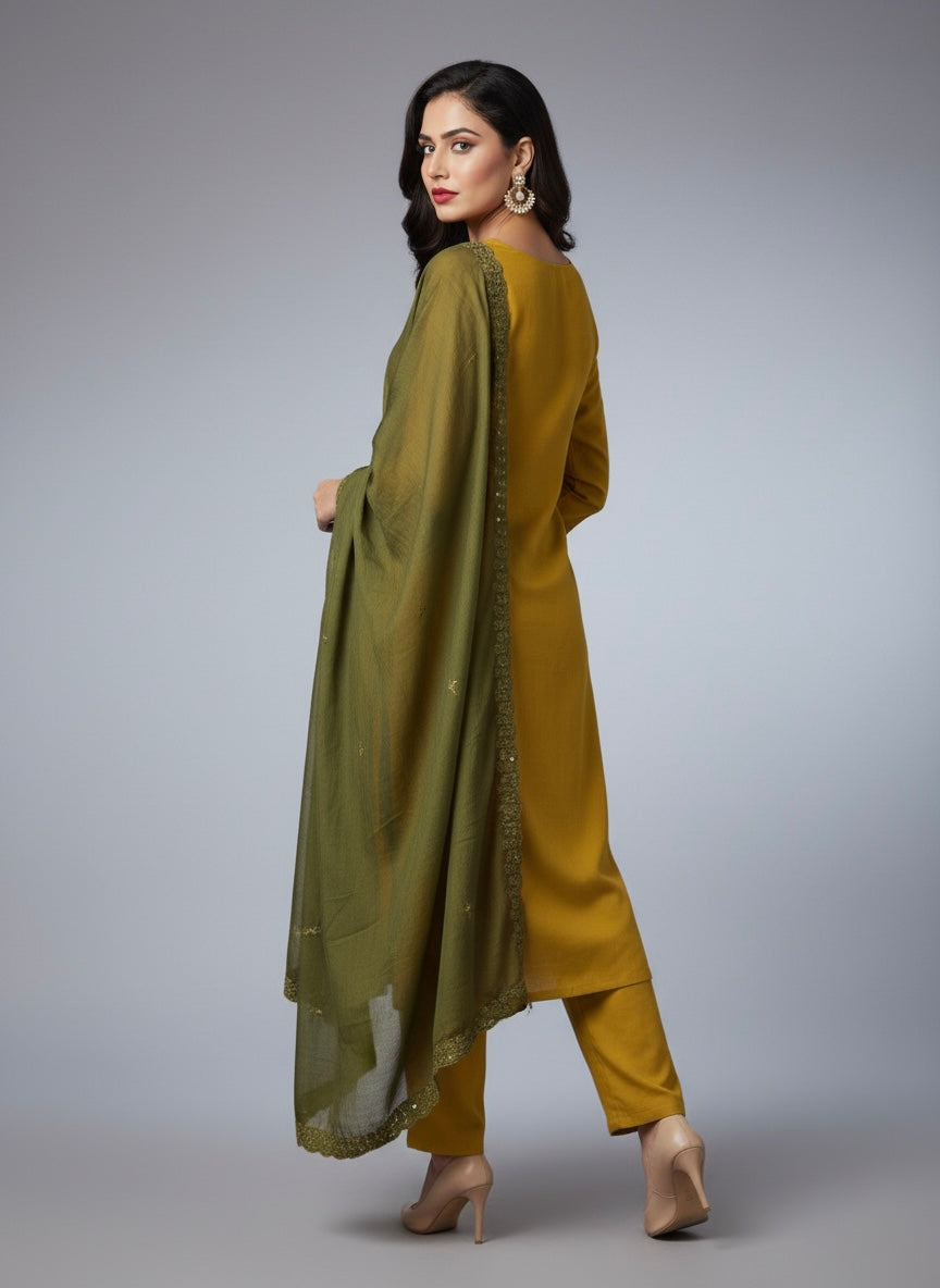 Olive Mustard Cotton Silk Kadai Work Suit Set