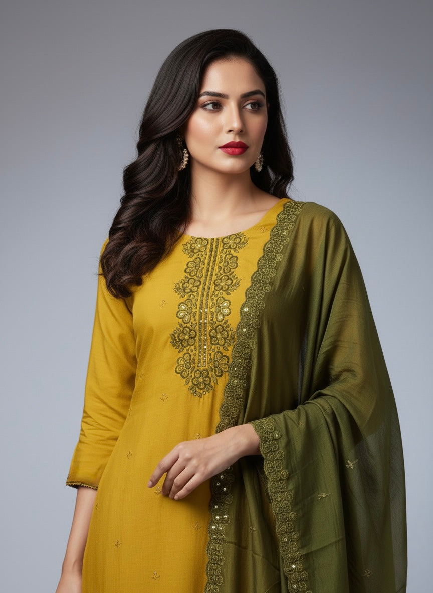 Olive Mustard Cotton Silk Kadai Work Suit Set