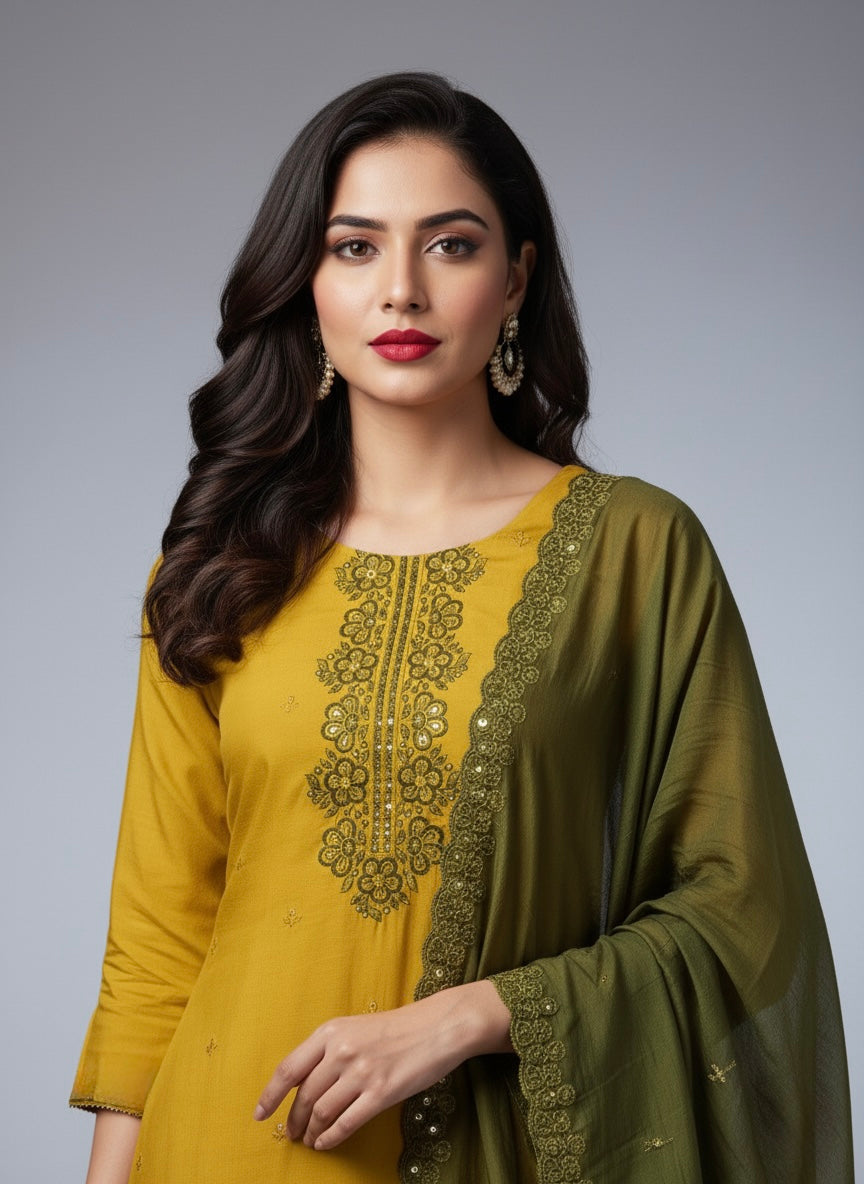 Olive Mustard Cotton Silk Kadai Work Suit Set