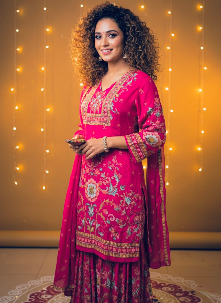 Vibrant Pink Crepe Silk Sharara with Dupatta