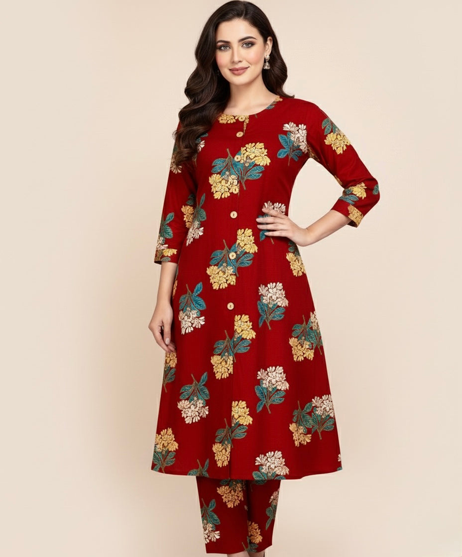 Crimson Blossom Cotton Co-ord Set