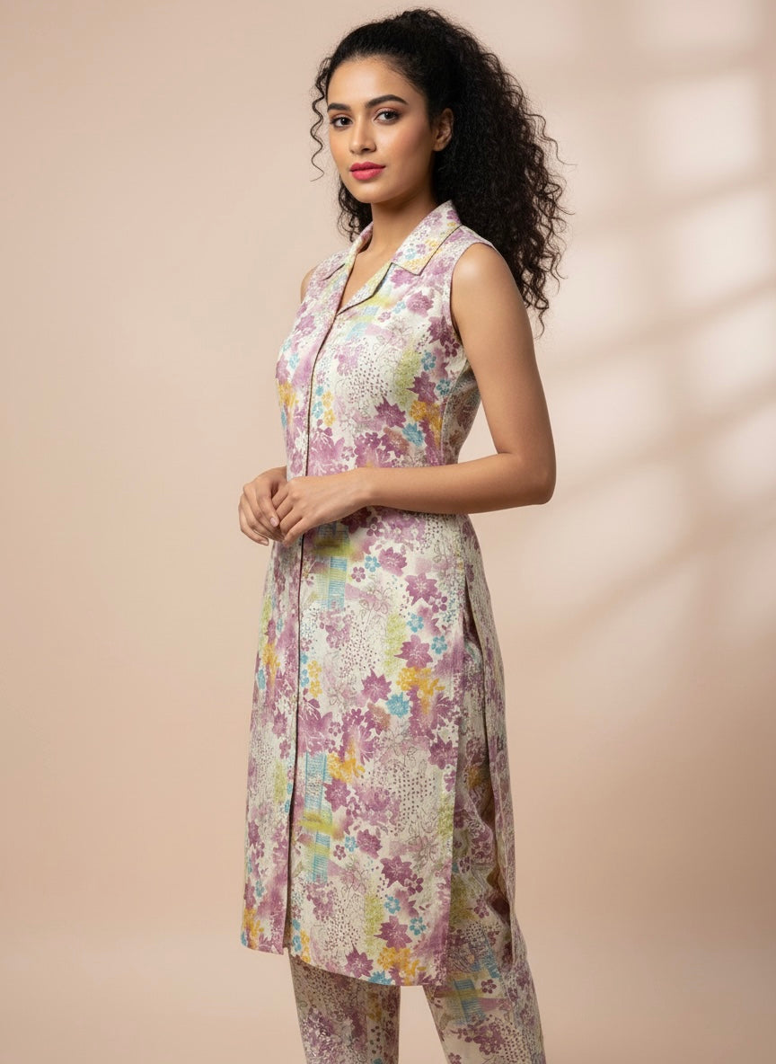 Soft Pastel Floral Cotton Silk 2-Piece Ensemble