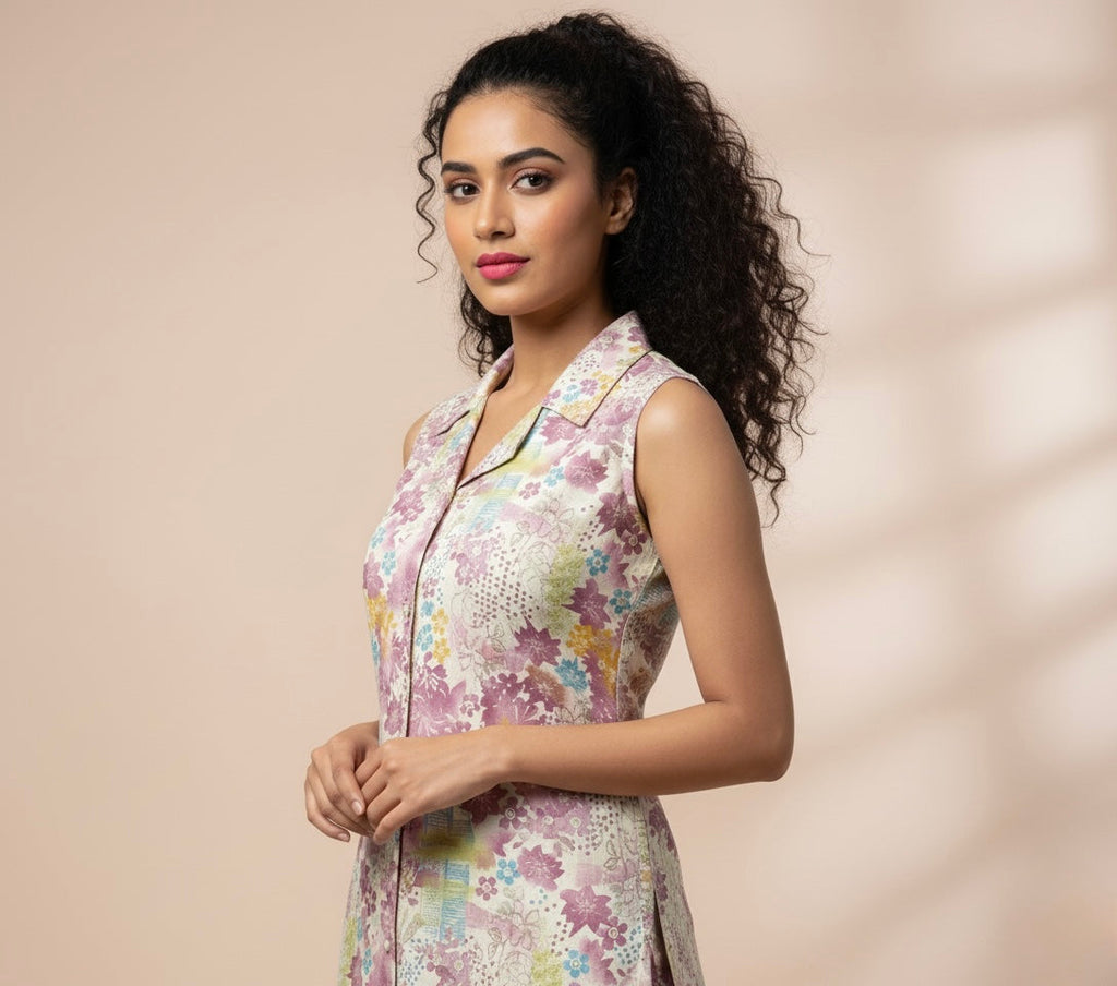 Soft Pastel Floral Cotton Silk 2-Piece Ensemble