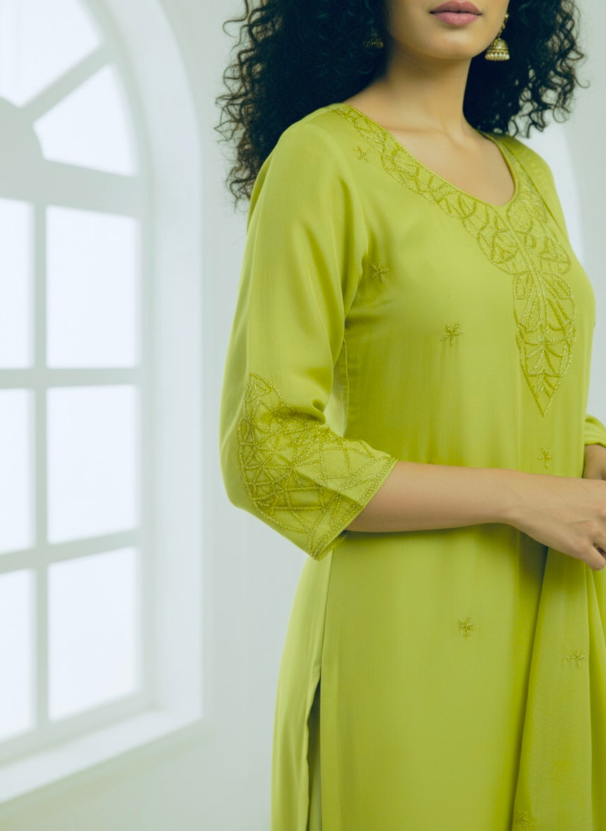 Lemon Shine Hand-Embroidered Chinon Suit