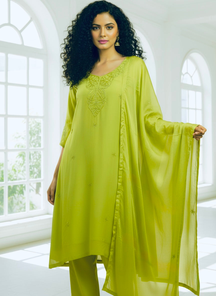 Lemon Shine Hand-Embroidered Chinon Suit