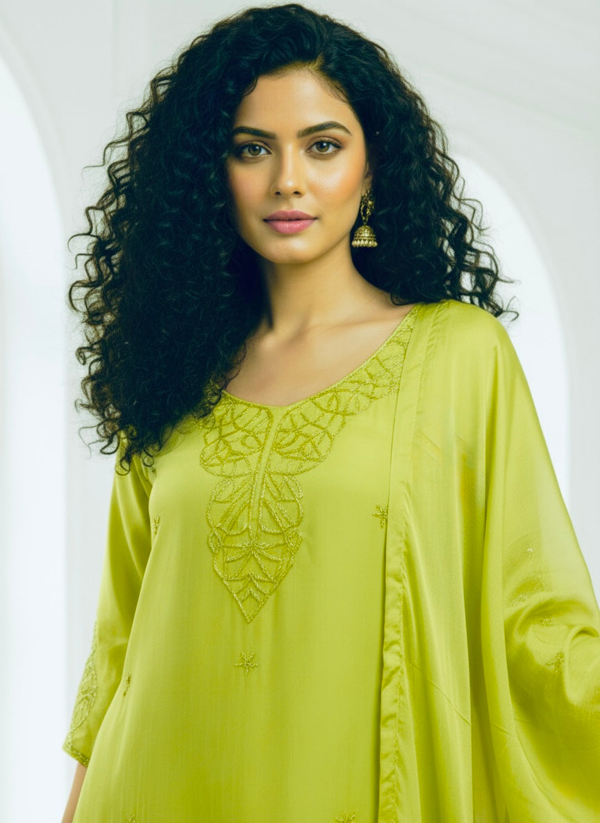 Lemon Shine Hand-Embroidered Chinon Suit