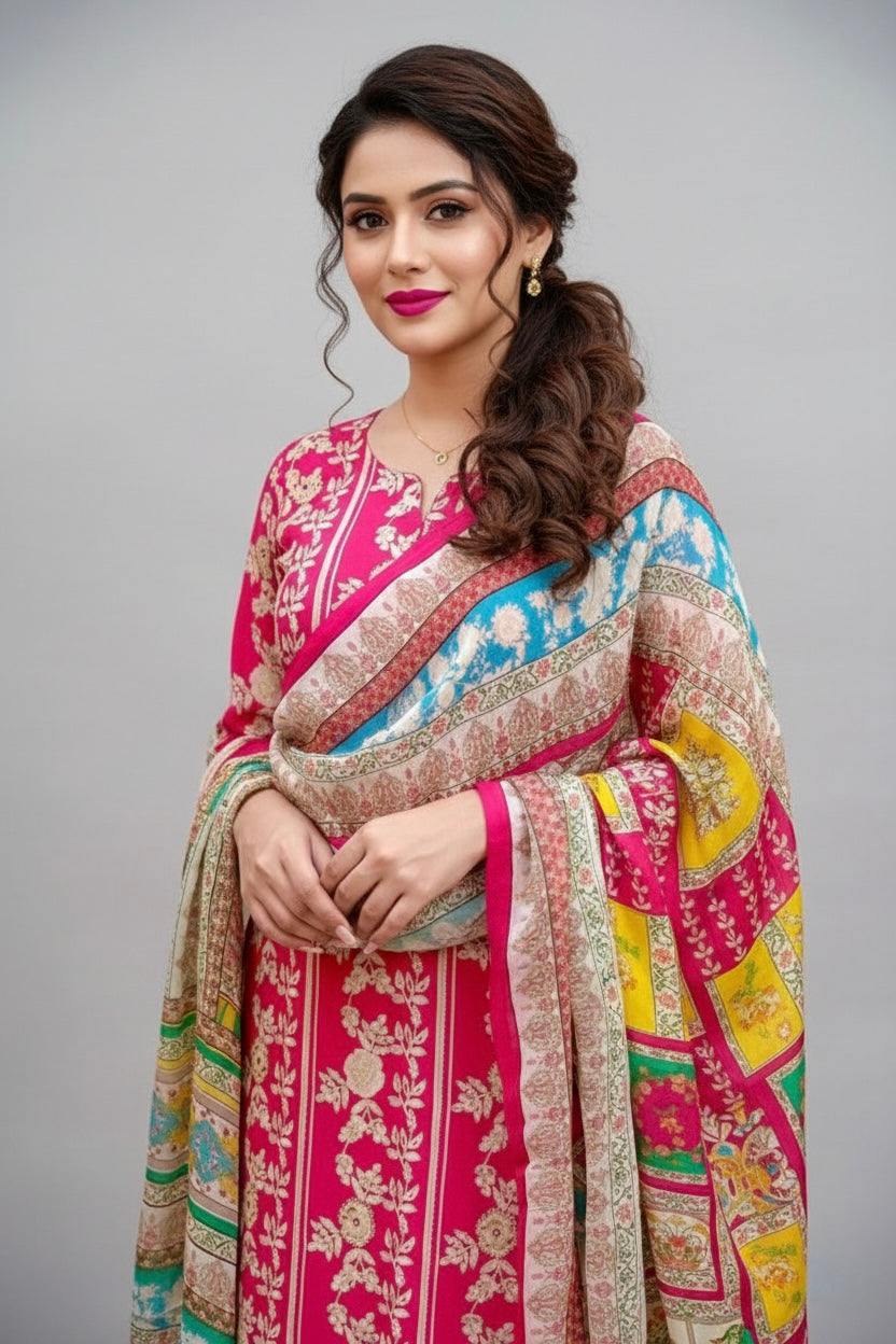 Vibrant Bloom Designer Crepe Suit