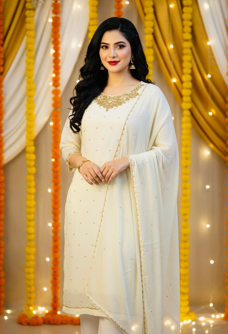 Golden Glow Chinon Suit with Intricate Hand Stone Work