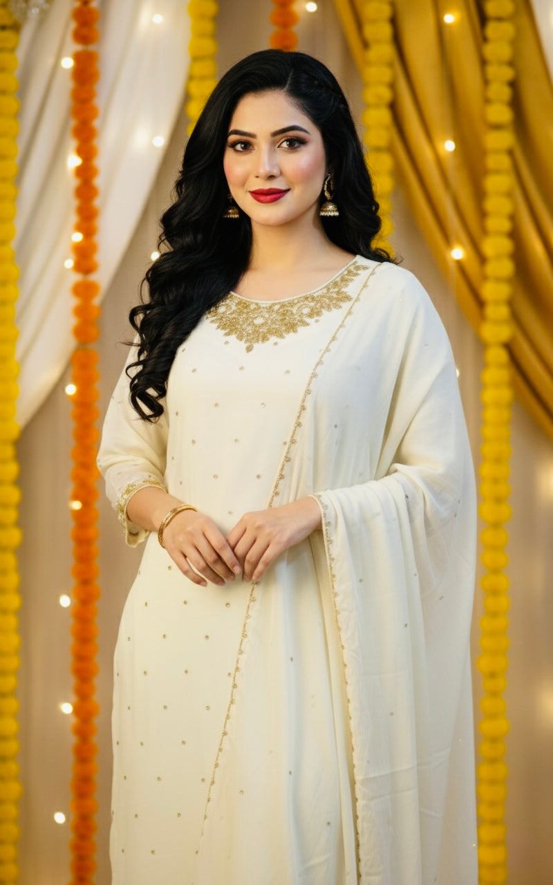 Golden Glow Chinon Suit with Intricate Hand Stone Work