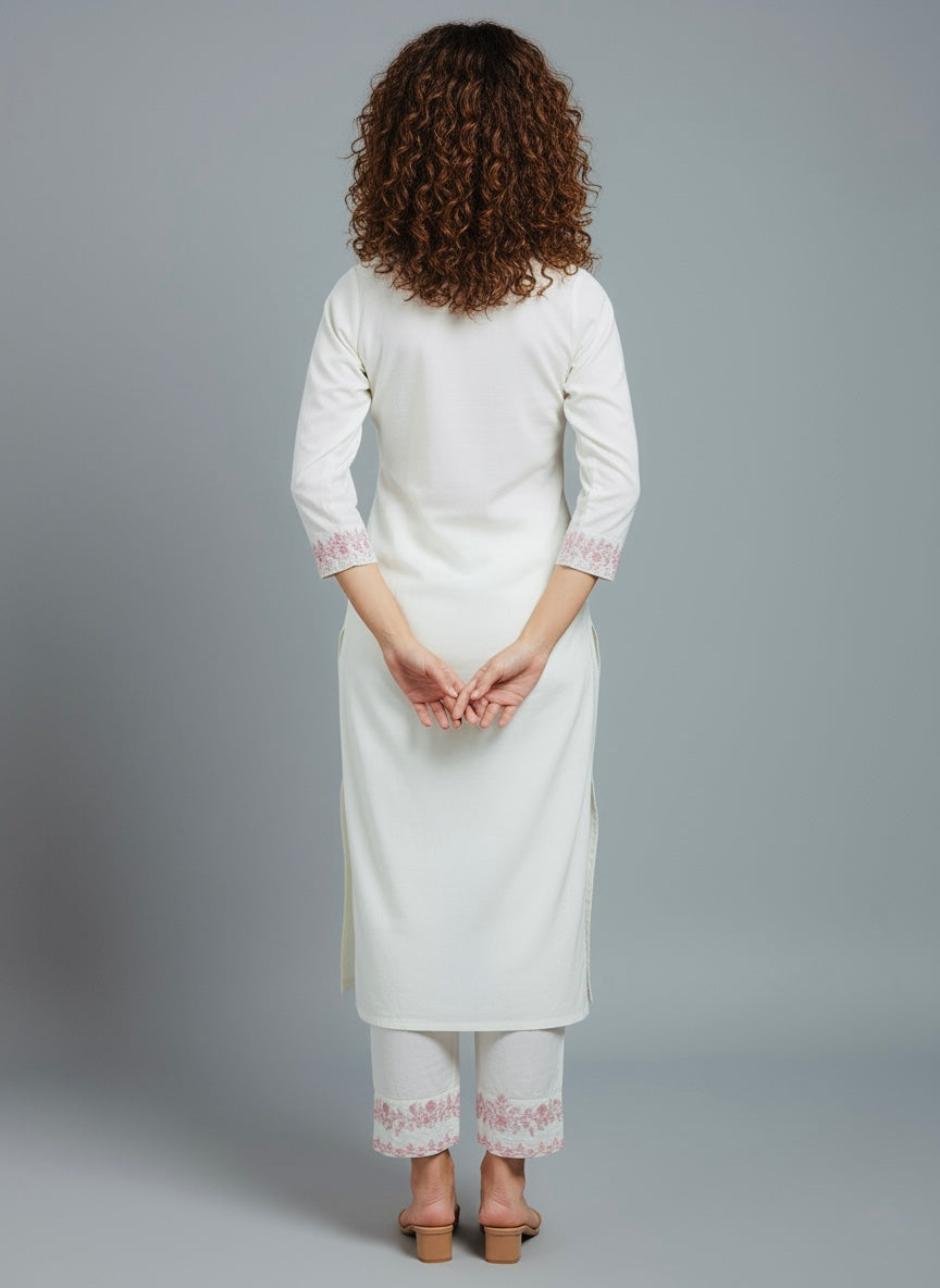 White Cotton Suit with Pink Embroidery & Organza Dupatta