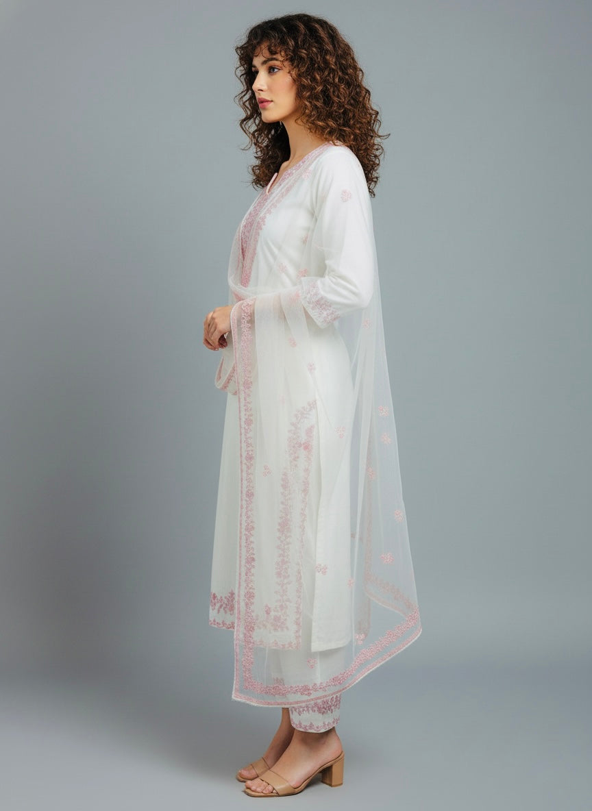 White Cotton Suit with Pink Embroidery & Organza Dupatta