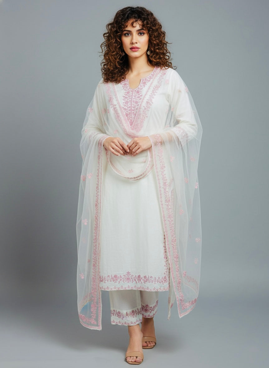 White Cotton Suit with Pink Embroidery & Organza Dupatta