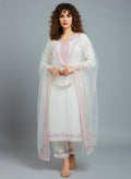 White Cotton Suit with Pink Embroidery & Organza Dupatta