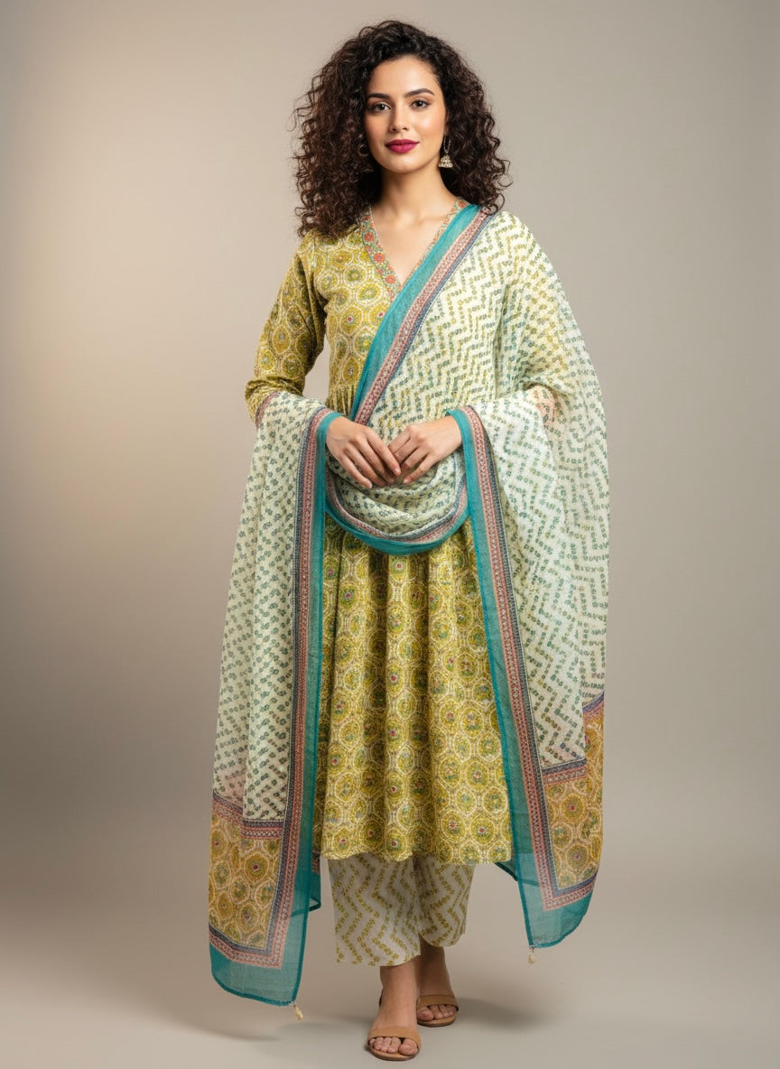 Light Lime Printed Cotton Suit