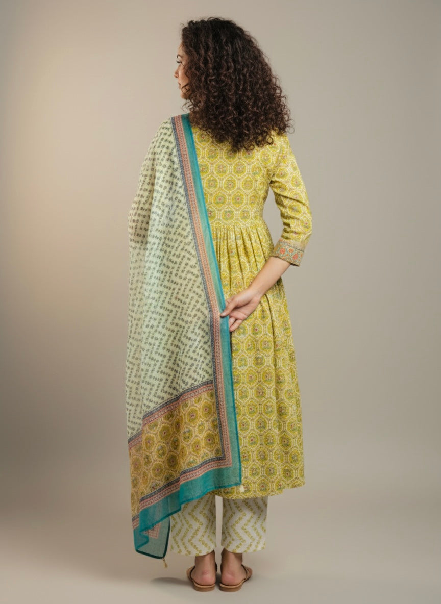 Light Lime Printed Cotton Suit