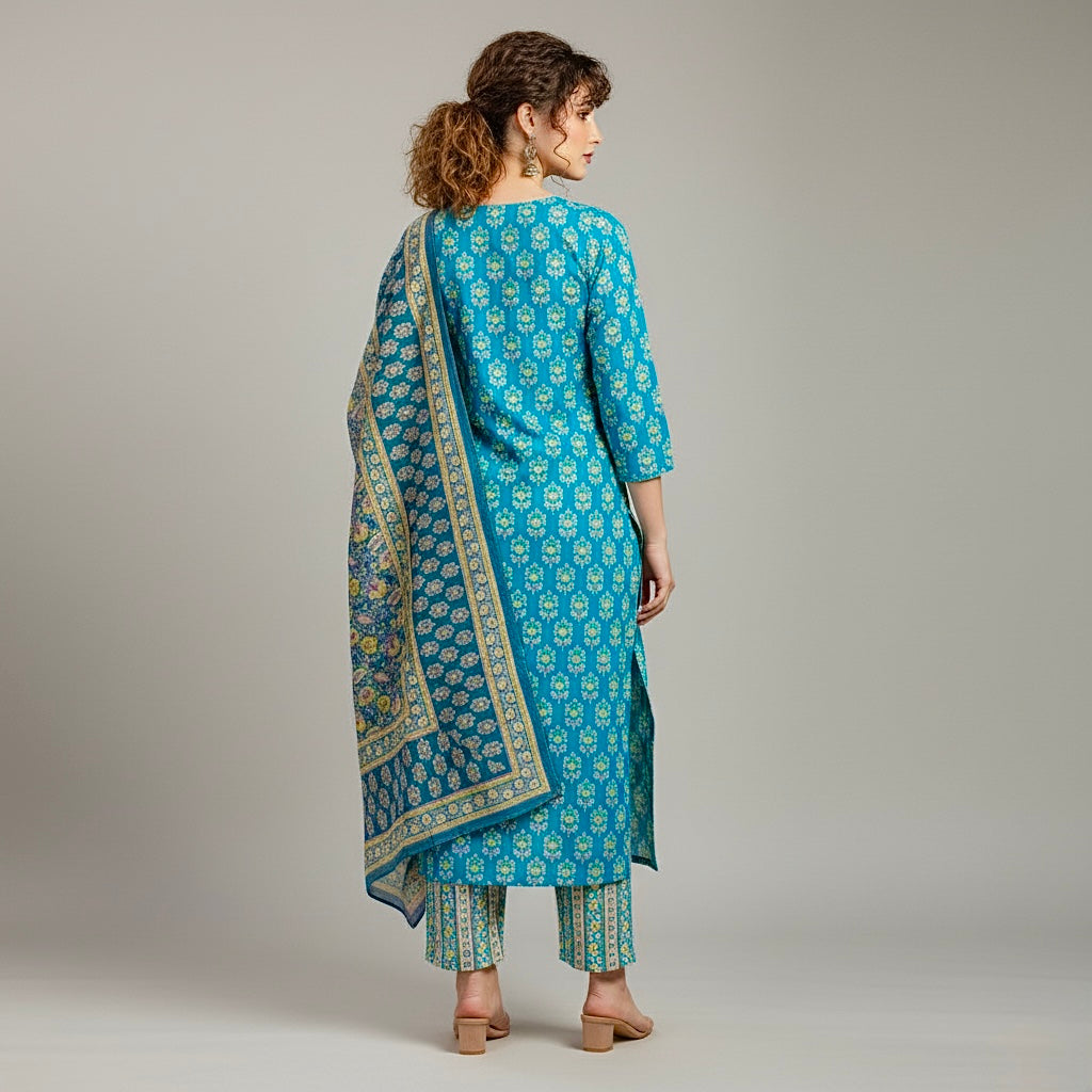 Aqua Bloom Printed Cotton Suit
