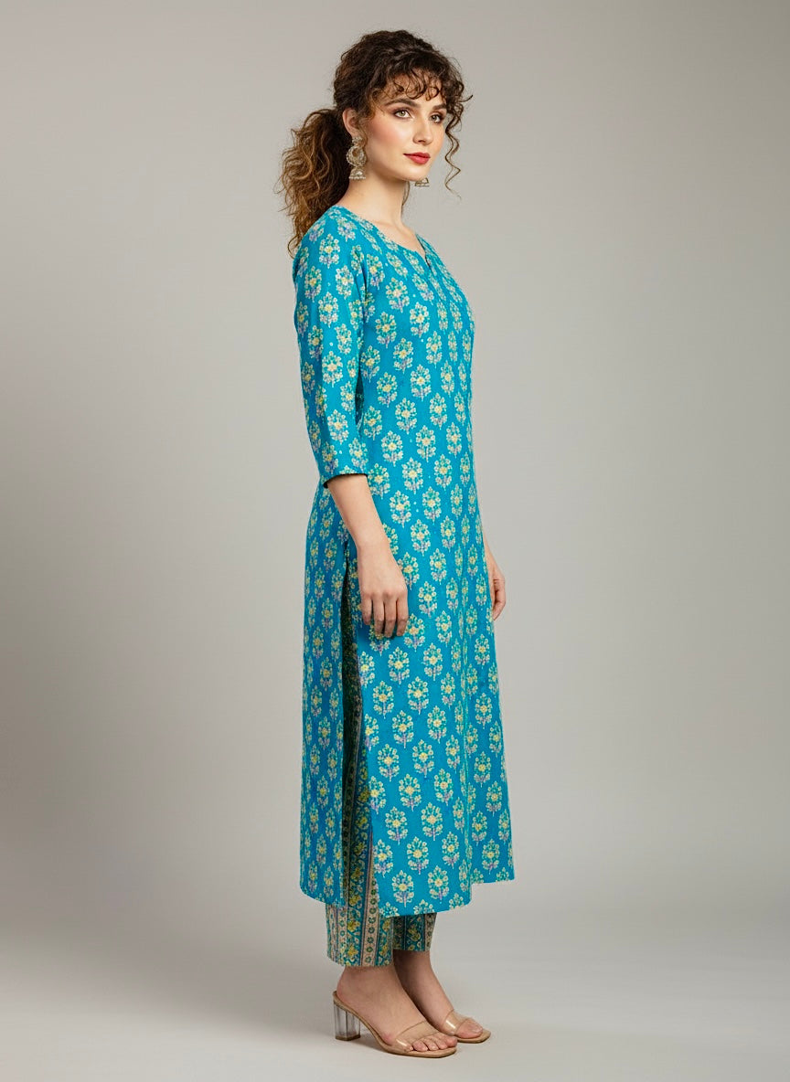 Aqua Bloom Printed Cotton Suit