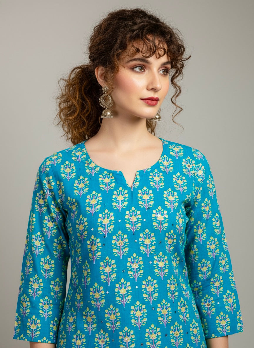 Aqua Bloom Printed Cotton Suit
