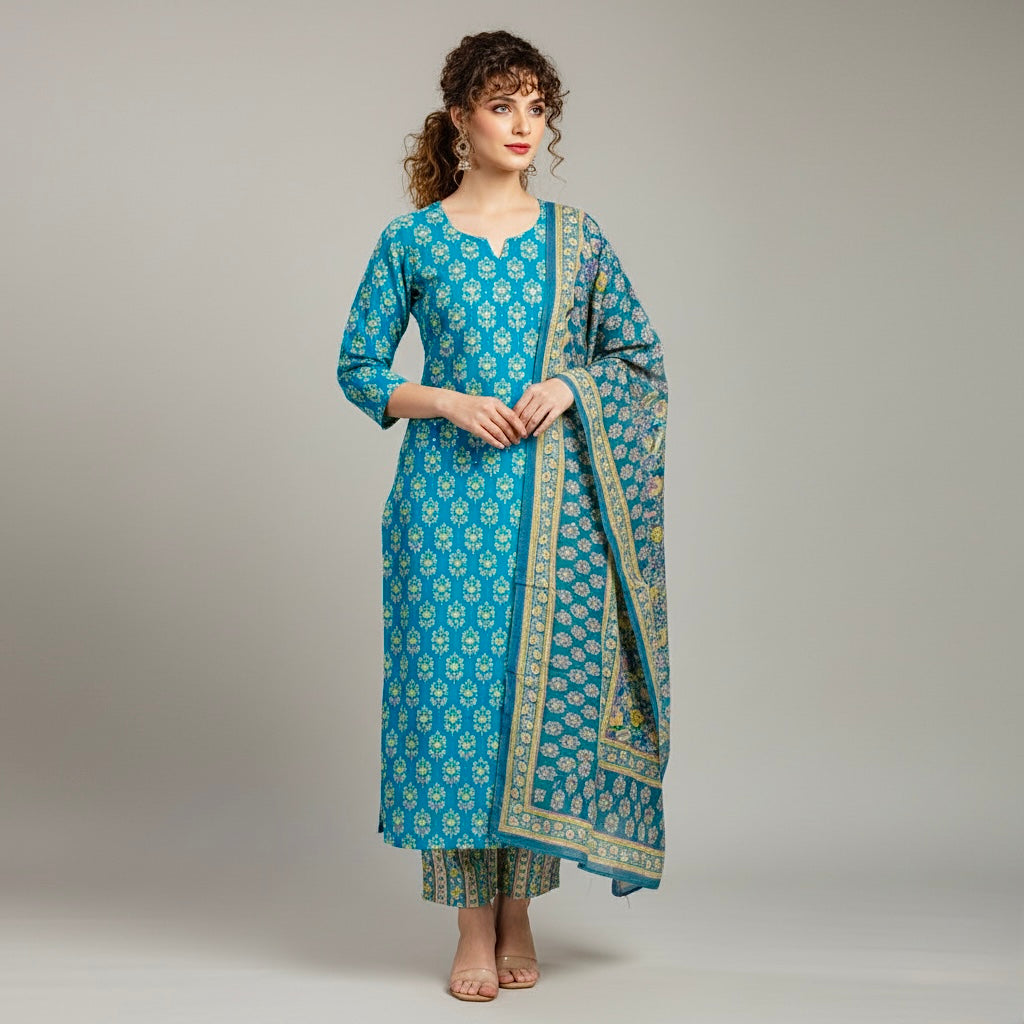 Aqua Bloom Printed Cotton Suit