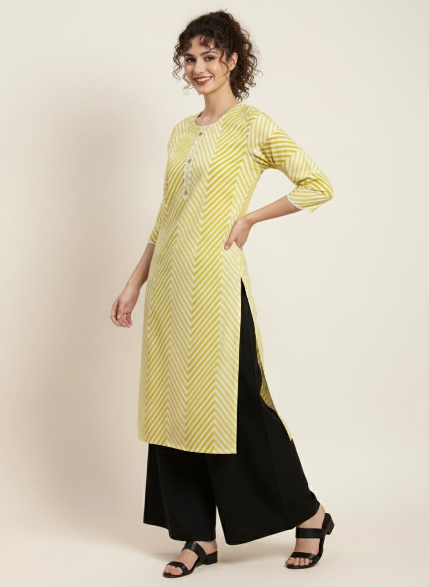 Lemon Glow Laheriya Cotton Kurti