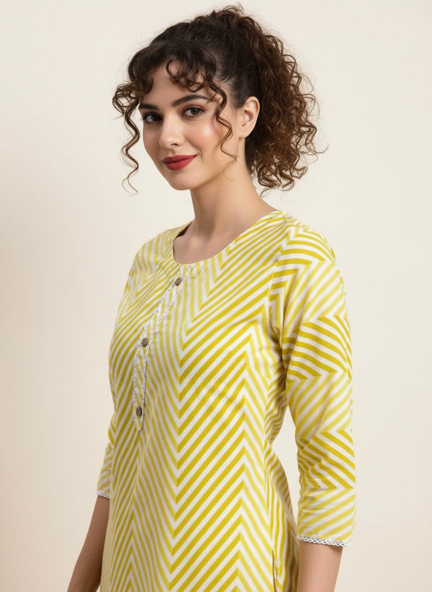 Lemon Glow Laheriya Cotton Kurti