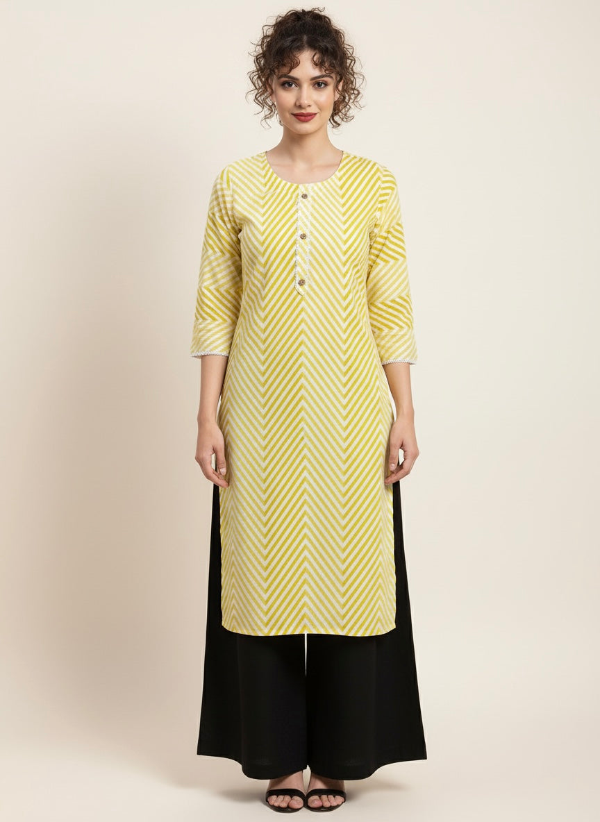 Lemon Glow Laheriya Cotton Kurti