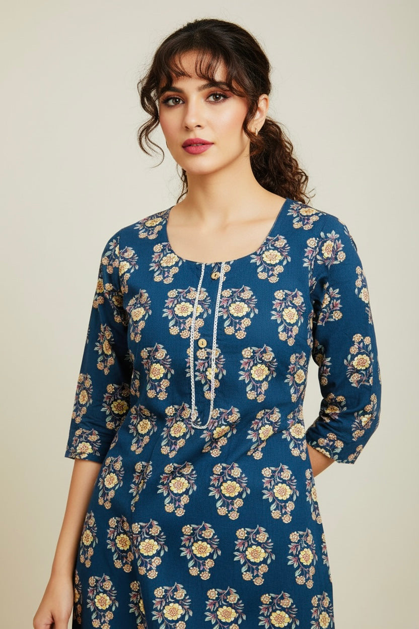 Blue Floral Printed Single Cotton Kurti