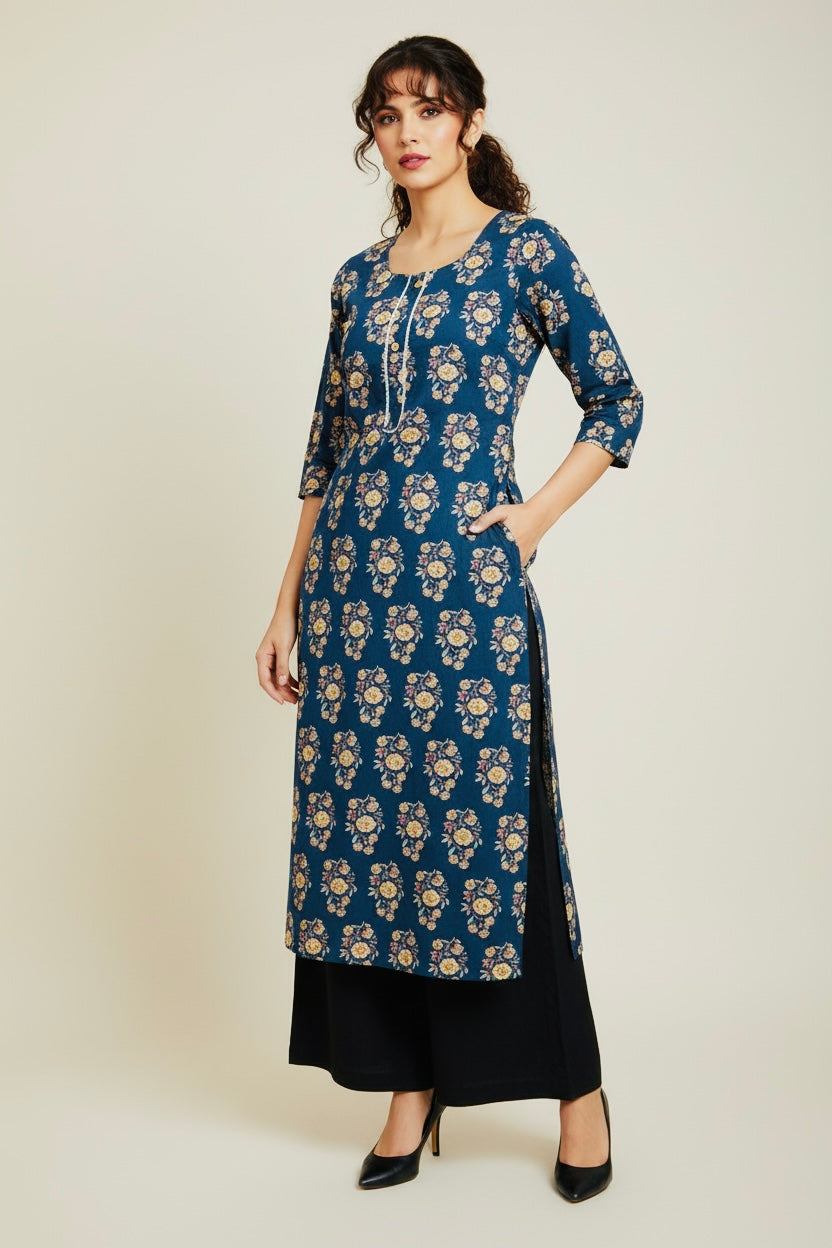Blue Floral Printed Single Cotton Kurti