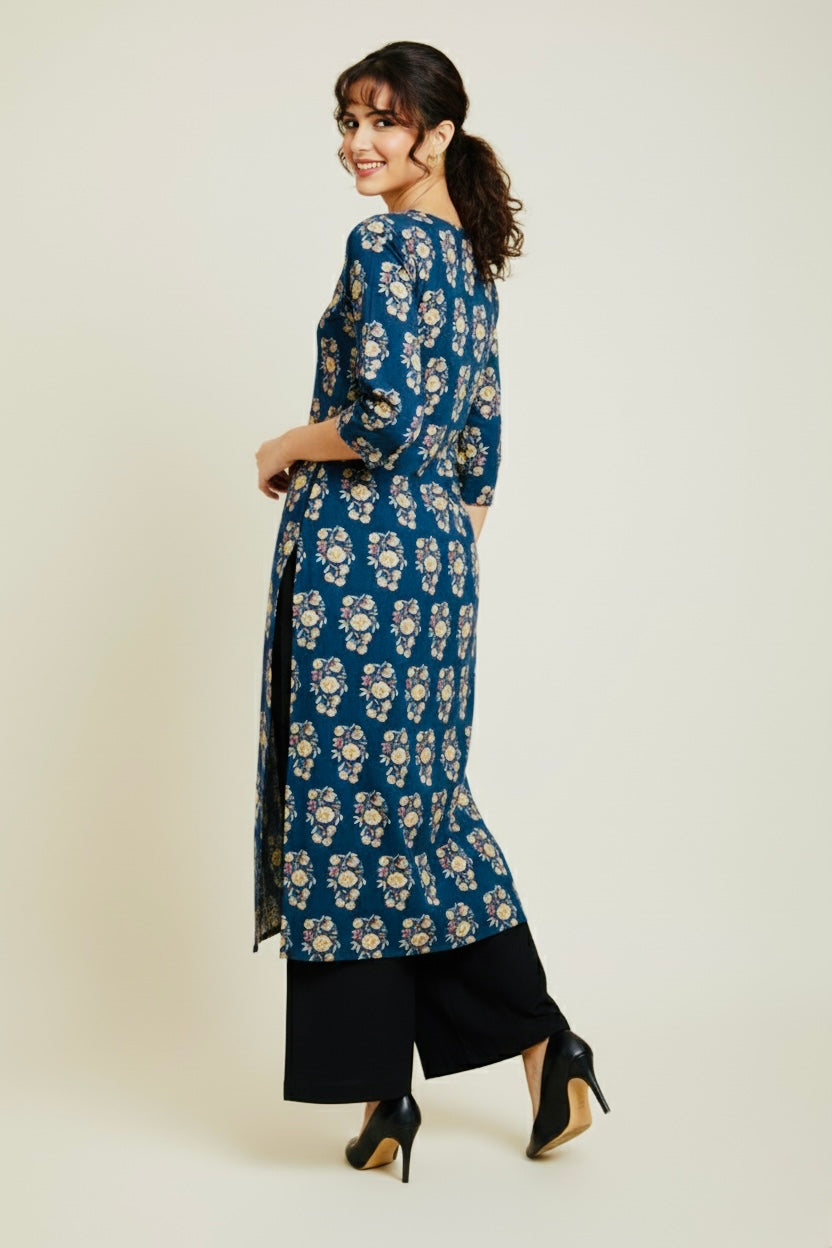 Blue Floral Printed Single Cotton Kurti