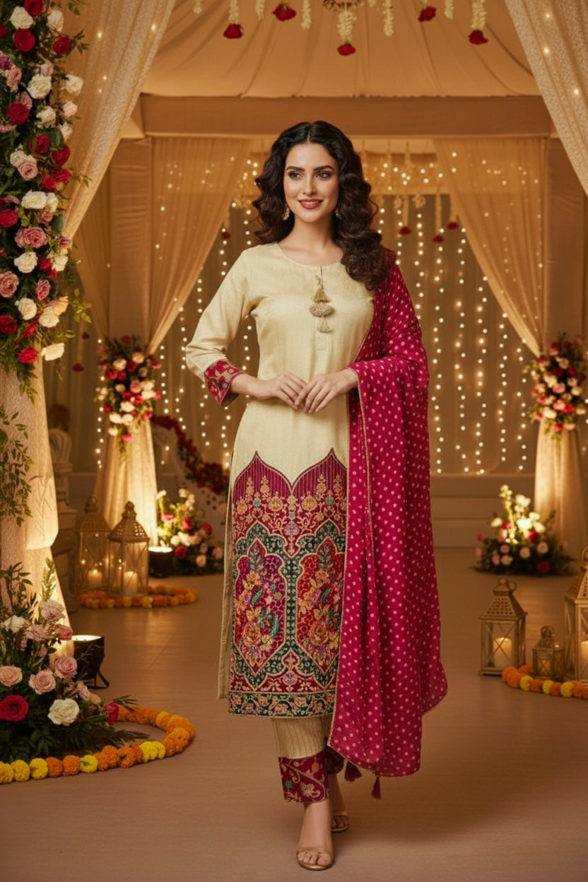 Pink Shimmer Banarasi Temple Design Suit With Bandhej-Style Silk Dupatta