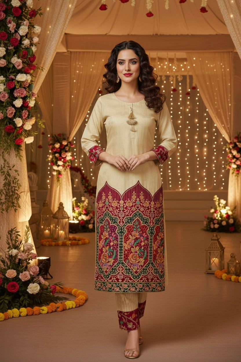 Pink Shimmer Banarasi Temple Design Suit With Bandhej-Style Silk Dupatta