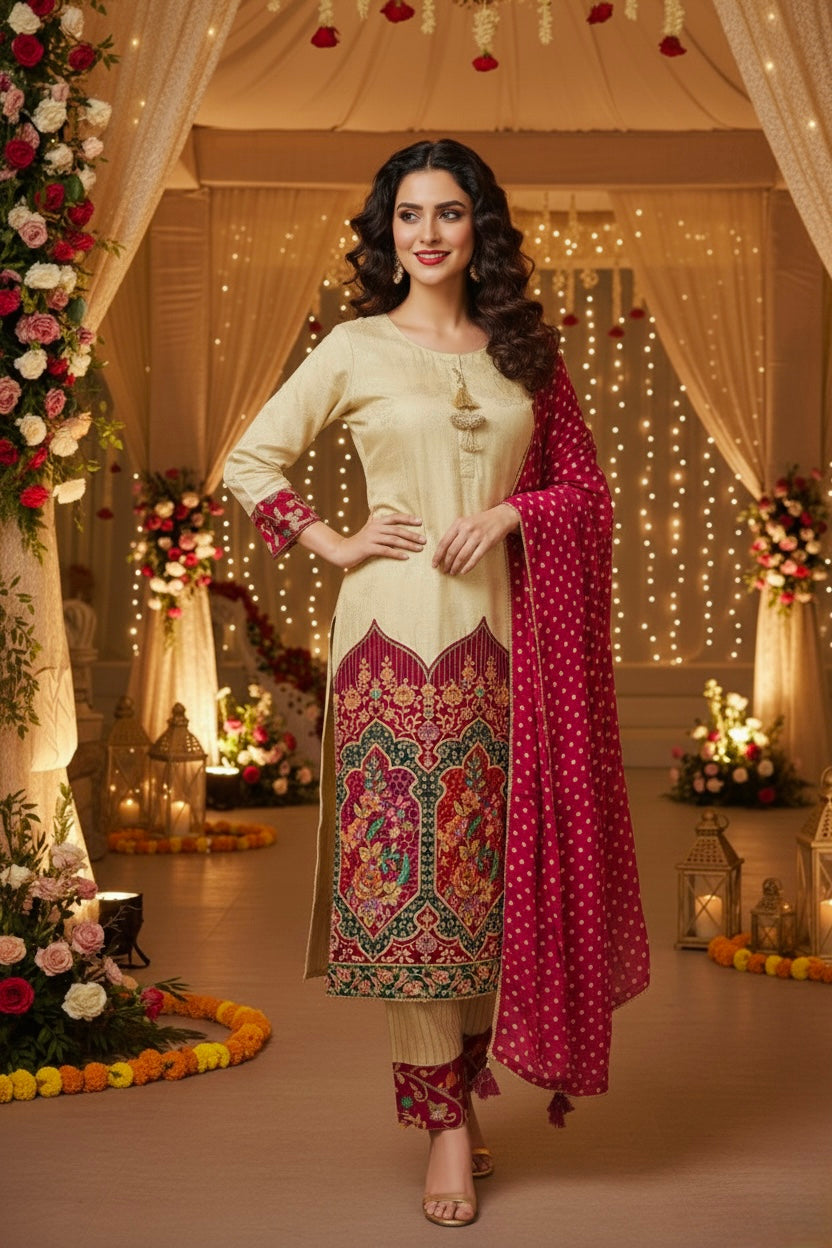 Pink Shimmer Banarasi Temple Design Suit With Bandhej-Style Silk Dupatta