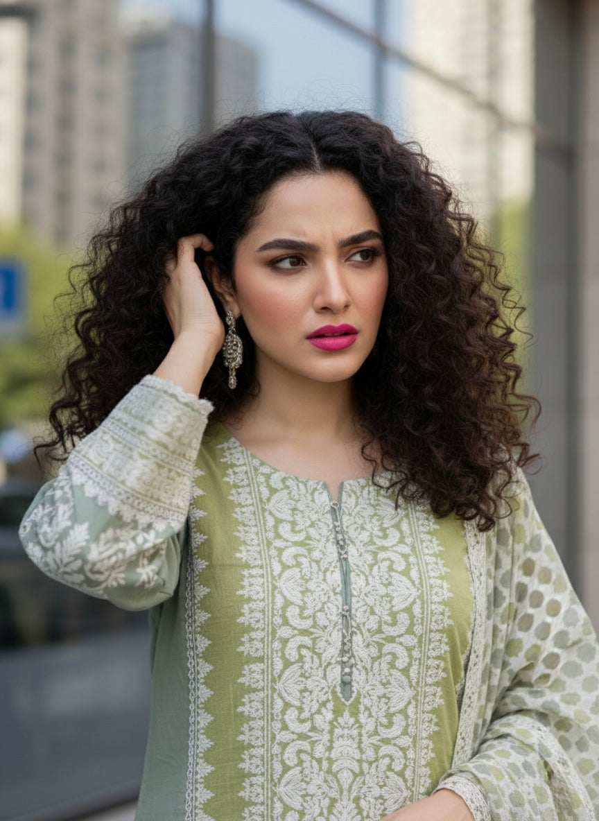 Mul Cotton Pakistani Suit with Organza Detailing