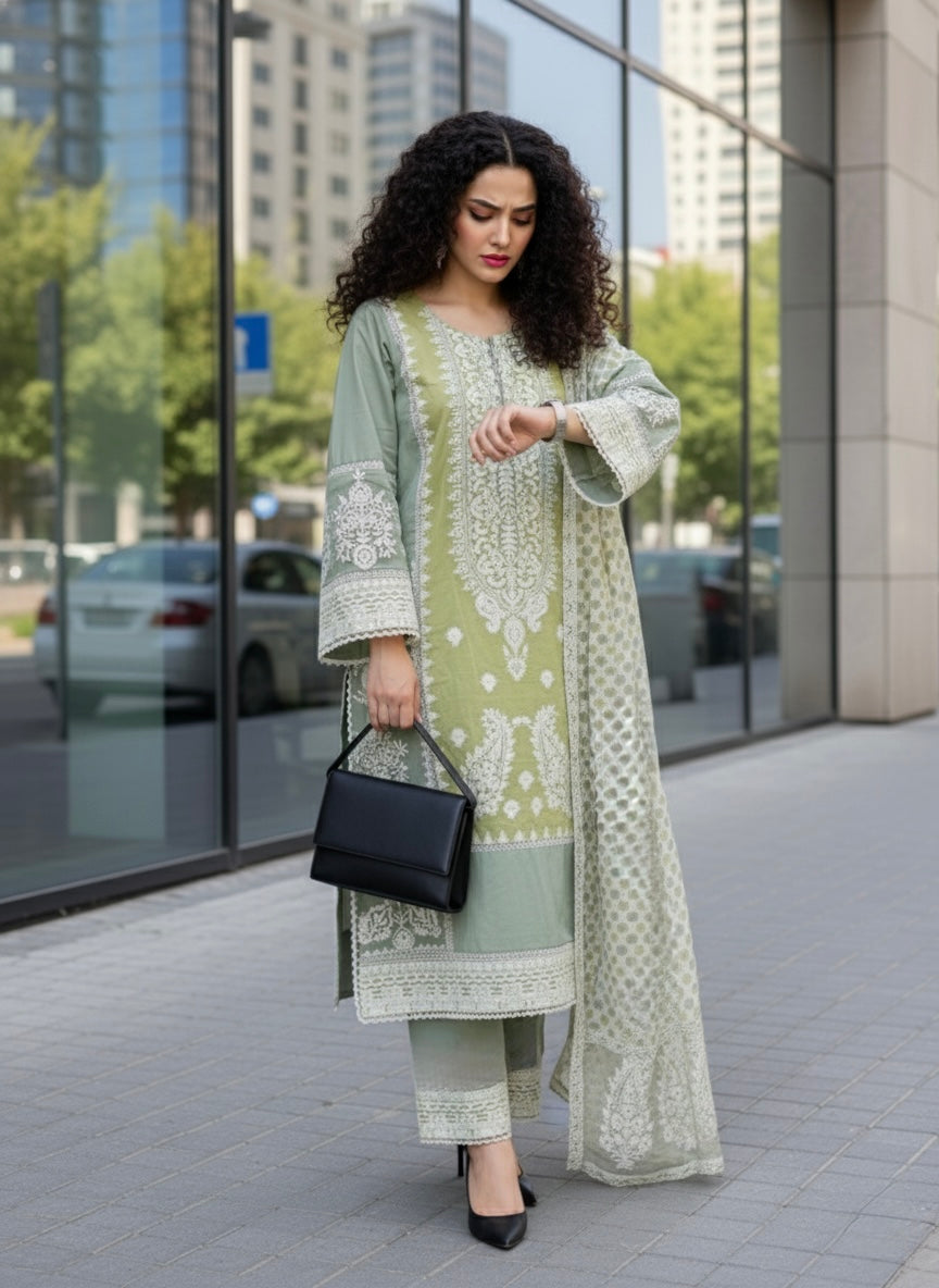 Mul Cotton Pakistani Suit with Organza Detailing