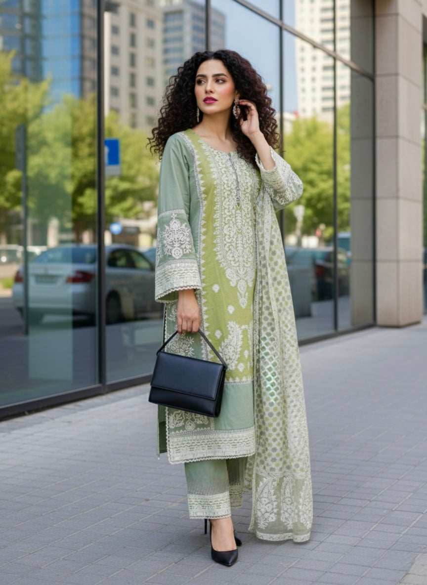 Mul Cotton Pakistani Suit with Organza Detailing