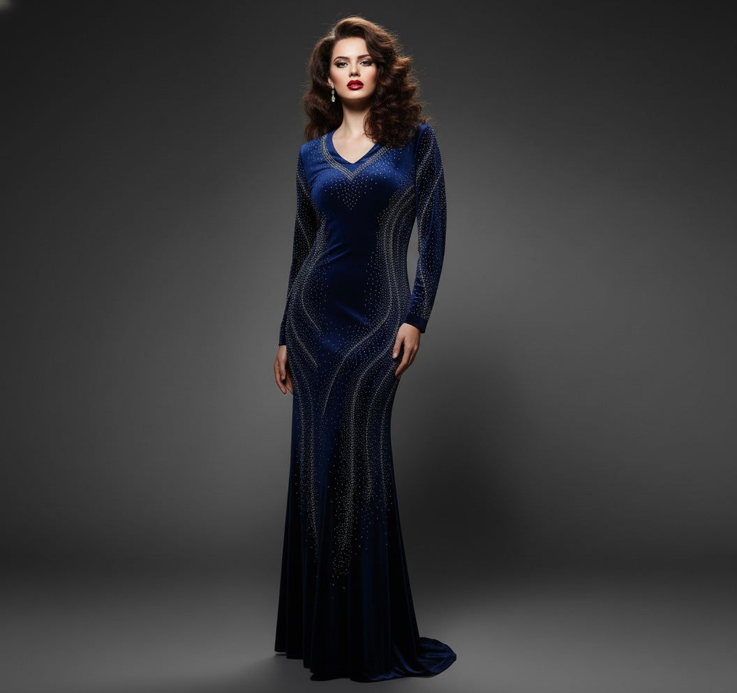 Navy Crystal-Studded Velvet Evening Gown