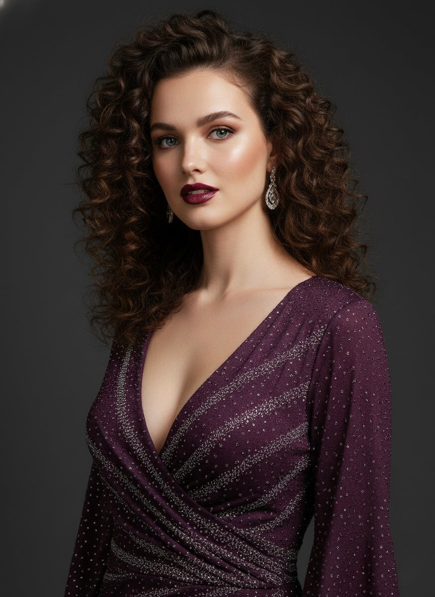 Shimmer Plum Wrap-Style Evening Gown with Front Slit